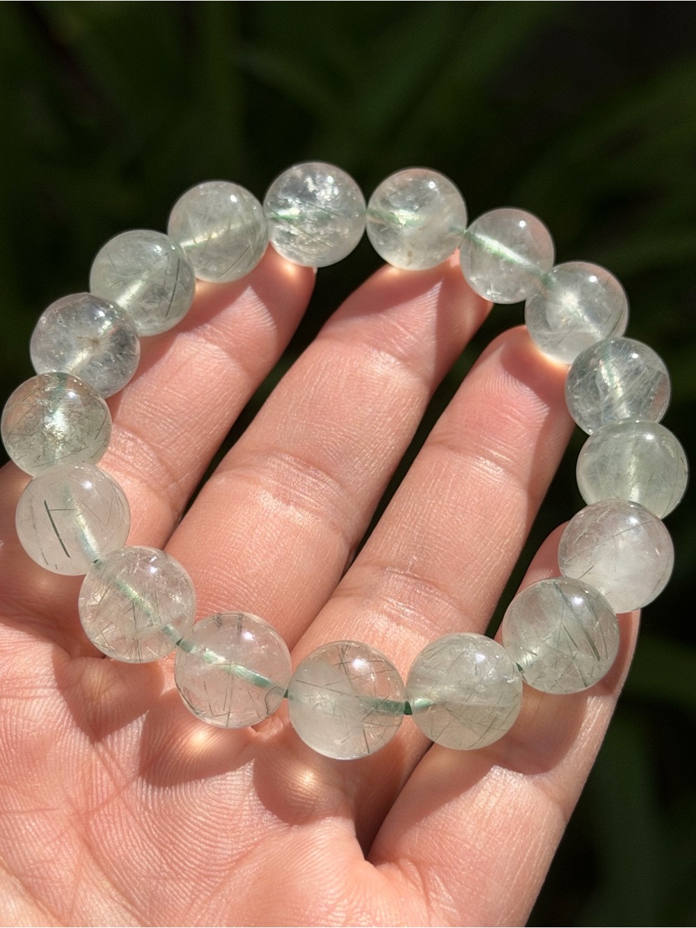 Clear Green Rutilated Quartz Bead Stretch Bracelet - Women Jewelry Palo